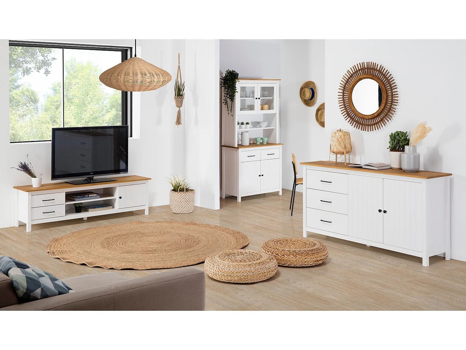 Meuble TV en bois blanc avec deux tiroirs 158x40 cm