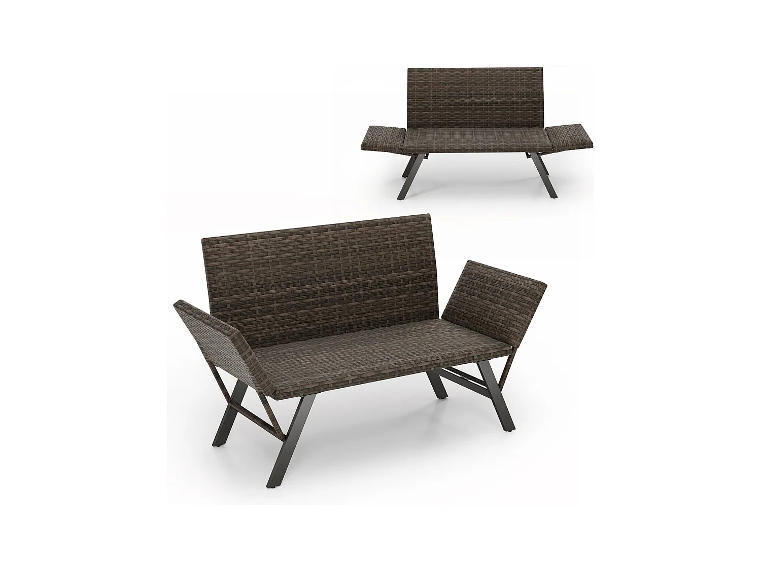 Causeuse Convertible de Terrasse pour 2 Personnes Rembourré en Mousse à Séchage Rapide Accoudoirs Réglables Capacité 300 Kg Gris