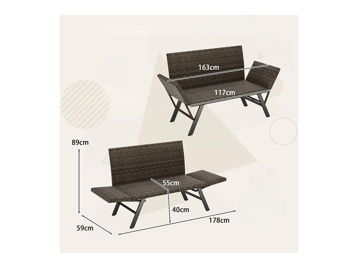 Causeuse Convertible de Terrasse pour 2 Personnes Rembourré en Mousse à Séchage Rapide Accoudoirs Réglables Capacité 300 Kg Gris