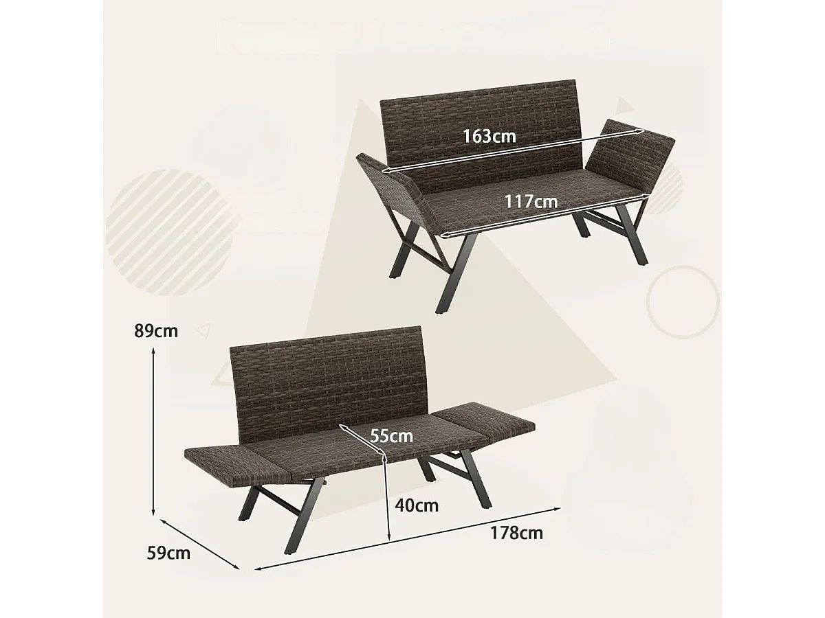 Polyrattan Gartenbank mit Liegefunktion & Verstellbaren Armlehnen Gartensofa Balkonbank