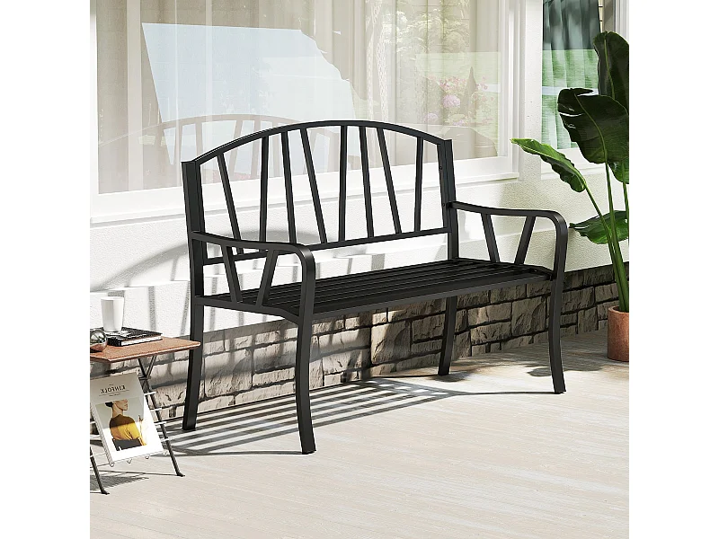 Banc de Jardin en Métal de 129 cm Banc à Lattes pour 2 à 3 Personnes Banc pour Parc avec Accoudoirs Incurvés Siège d'Extérieur Robuste Noir