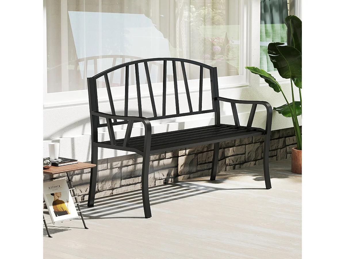 Banc de Jardin en Métal de 129 cm Banc à Lattes pour 2 à 3 Personnes Banc pour Parc avec Accoudoirs Incurvés Siège d'Extérieur Robuste Noir