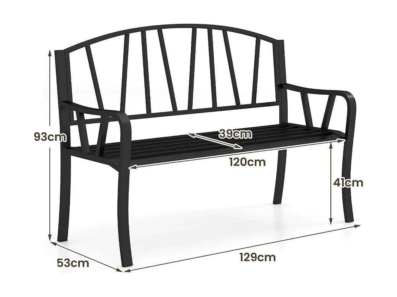Banc de Jardin en Métal de 129 cm Banc à Lattes pour 2 à 3 Personnes Banc pour Parc avec Accoudoirs Incurvés Siège d'Extérieur Robuste Noir