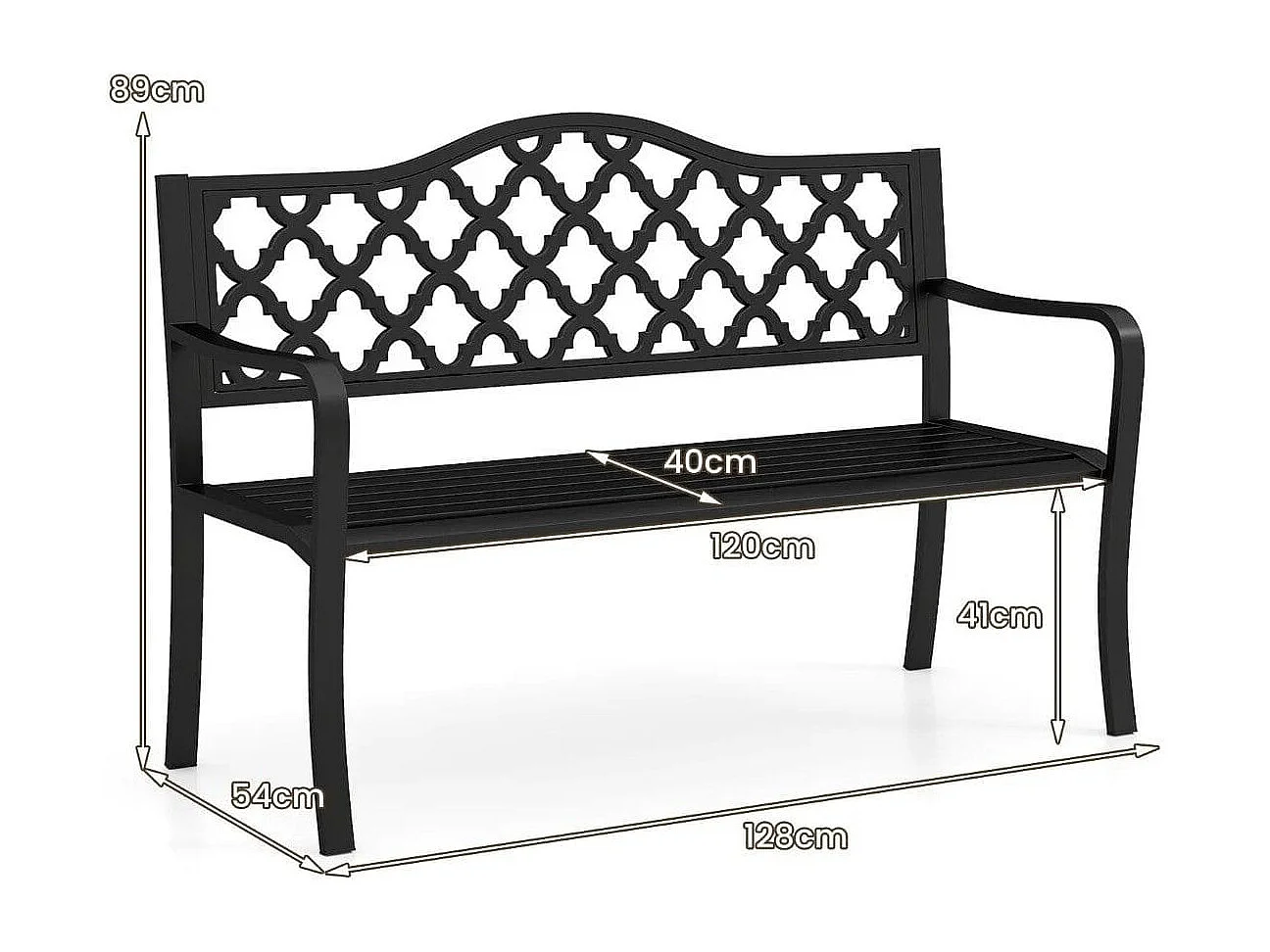 Gartenbank Metall wetterfeste Sitzbank für 2 Sitzer Parkbank mit Rückenlehne & Armlehne 128 x 54 x 89 cm Schwarz