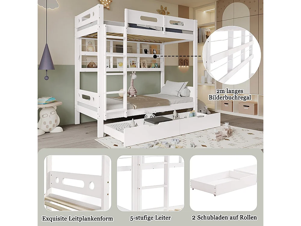 Lit superposé pour enfants 90 x 200cm, avec barrières de sécurité, tiroirs, étagères, échelle， blanc