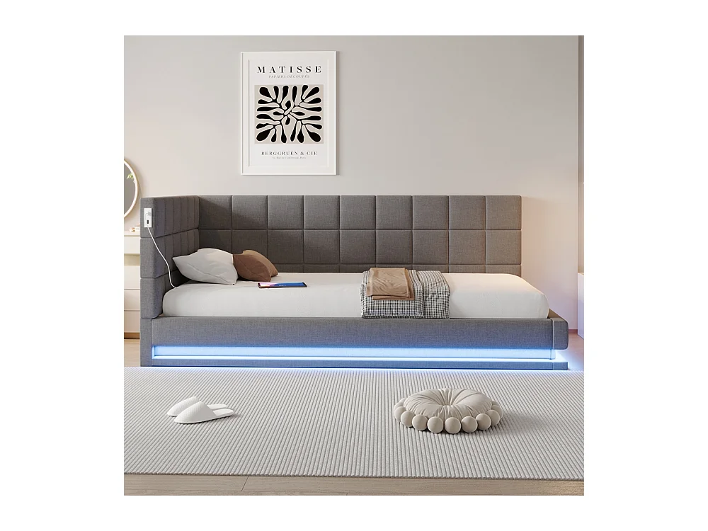 Schlafsofa 90 x 200 cm, ausgestattet mit LED-Streifen, USB-Anschluss und Lattenrost, aus grauem Samt.