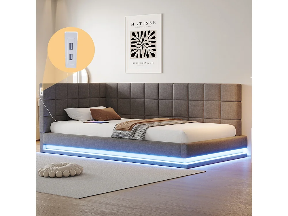Schlafsofa 90 x 200 cm, ausgestattet mit LED-Streifen, USB-Anschluss und Lattenrost, aus grauem Samt.
