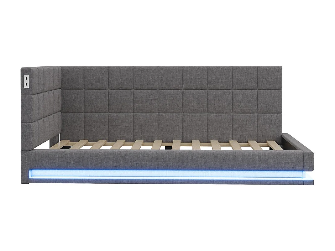 Schlafsofa 90 x 200 cm, ausgestattet mit LED-Streifen, USB-Anschluss und Lattenrost, aus grauem Samt.