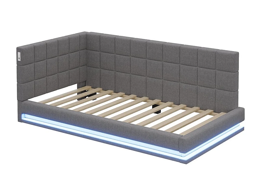 Schlafsofa 90 x 200 cm, ausgestattet mit LED-Streifen, USB-Anschluss und Lattenrost, aus grauem Samt.
