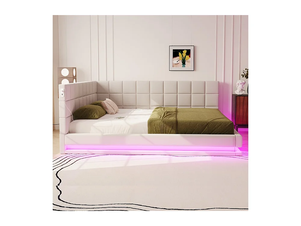 Slaapbank 160 x 200 cm, uitgerust met een LED-strip, een USB-aansluiting en een lattenbodem, van beige fluweel.