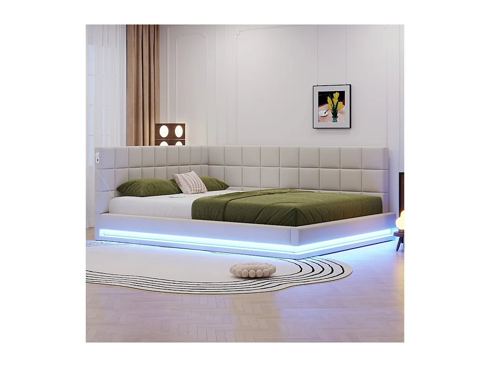 Slaapbank 160 x 200 cm, uitgerust met een LED-strip, een USB-aansluiting en een lattenbodem, van beige fluweel.