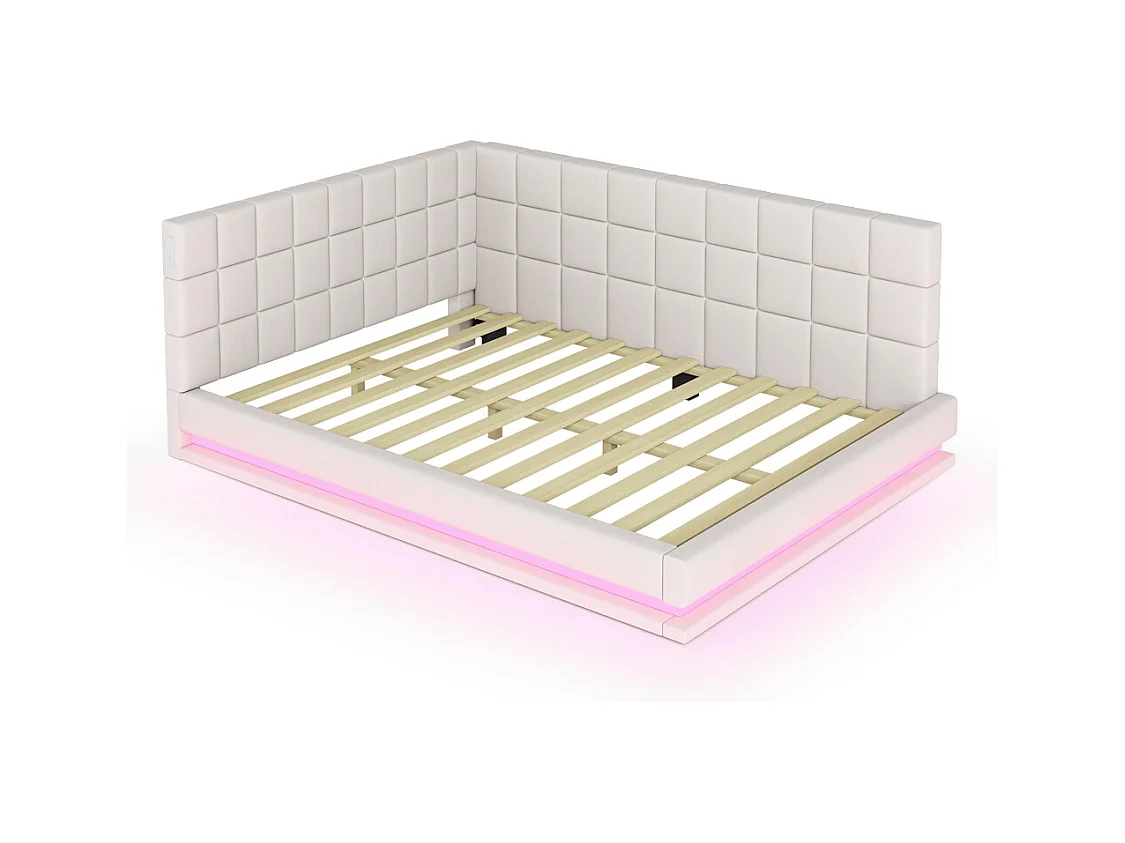 Slaapbank 160 x 200 cm, uitgerust met een LED-strip, een USB-aansluiting en een lattenbodem, van beige fluweel.