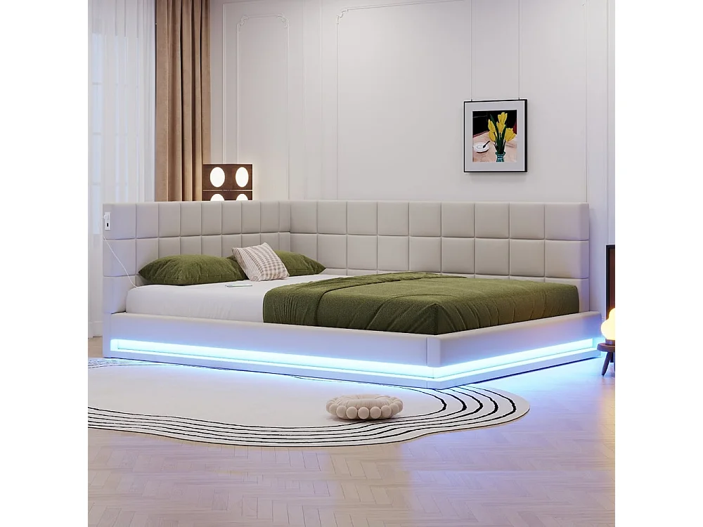Canapé-lit 160 x 200 cm, équipé d'une bande LED, d'une prise USB et d'un sommier, en velours beige .