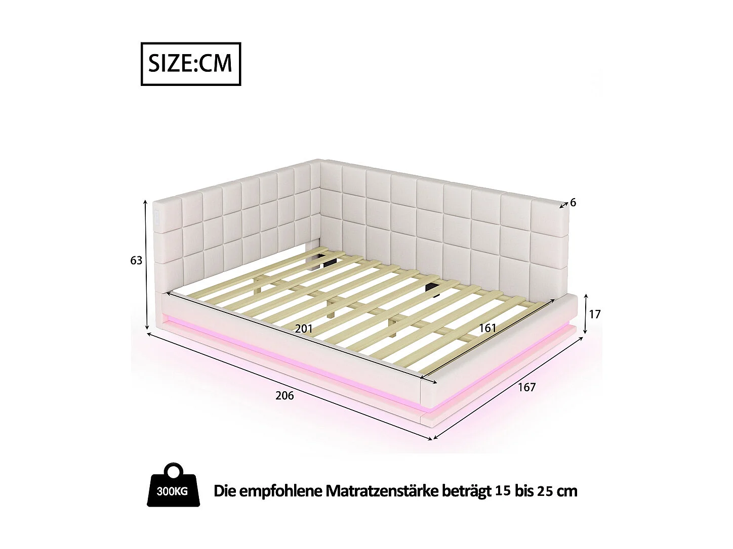 Canapé-lit 160 x 200 cm, équipé d'une bande LED, d'une prise USB et d'un sommier, en velours beige .