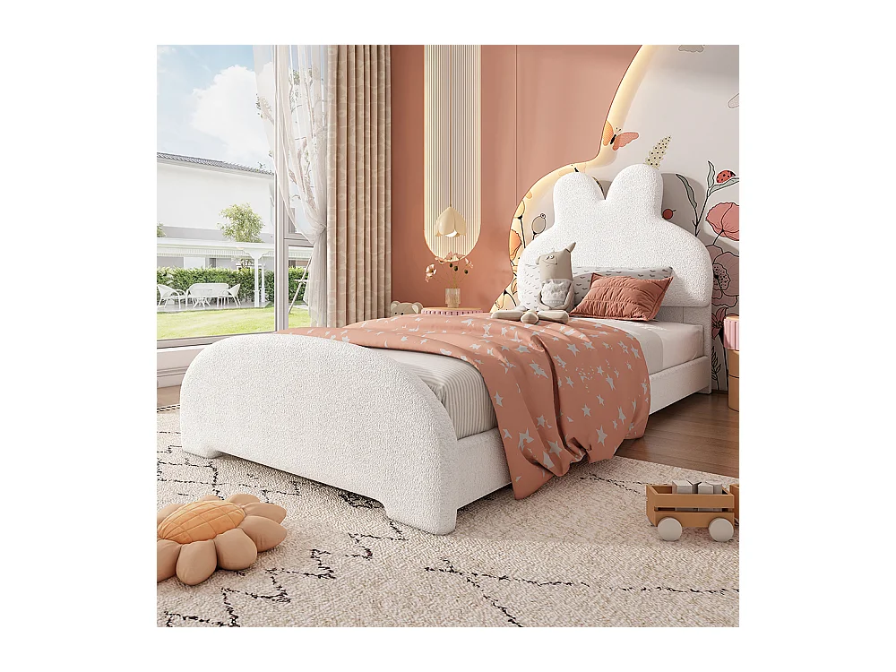 Kinderbed 90 x 200 cm, in de vorm van konijnenoren, imitatiepluche stof, wit.