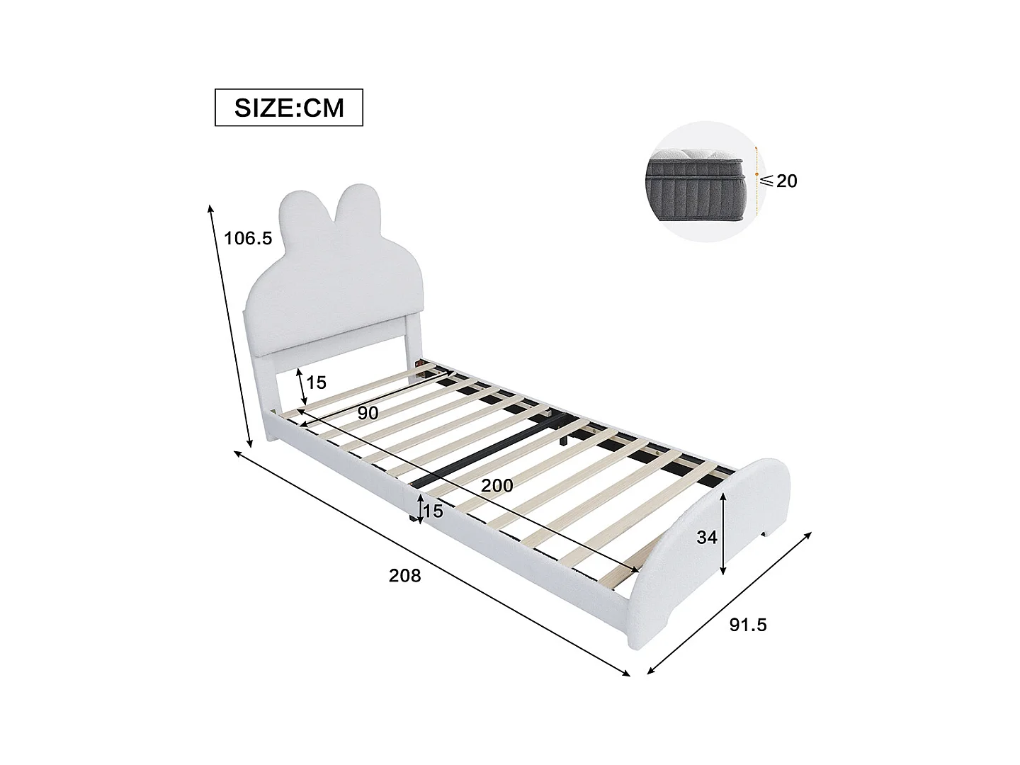 Kinderbed 90 x 200 cm, in de vorm van konijnenoren, imitatiepluche stof, wit.