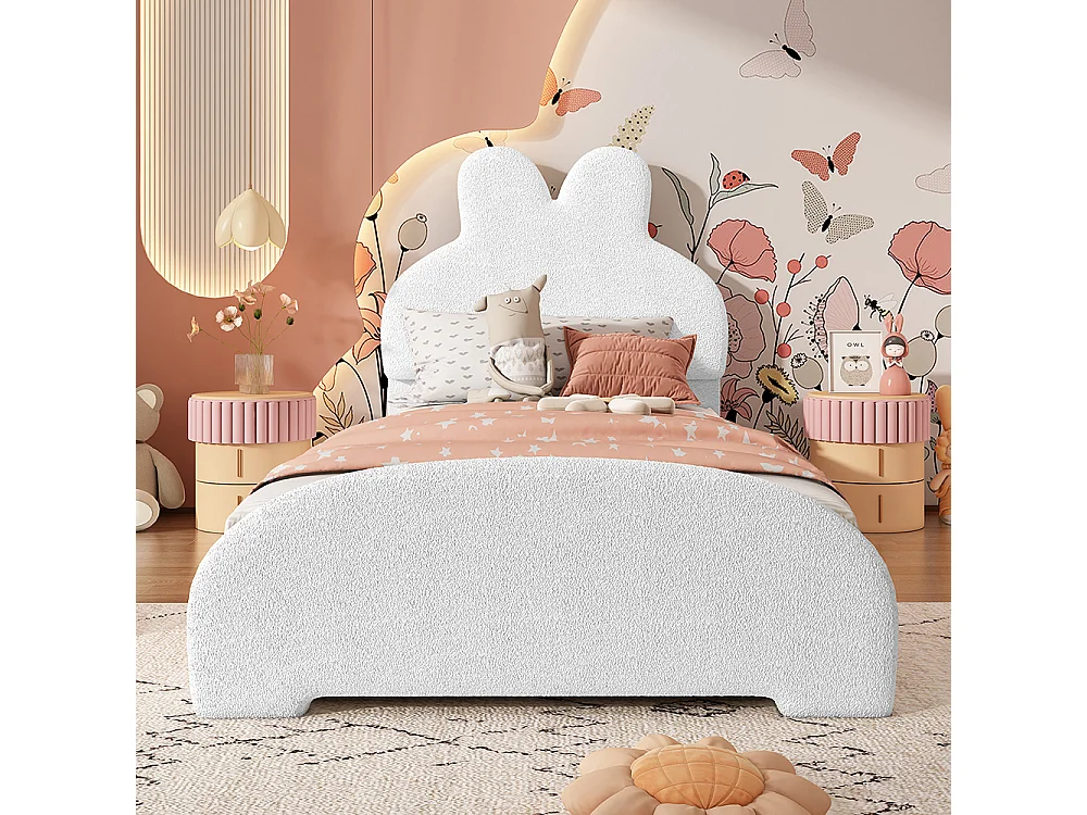 Letto per bambini 90 x 200 cm, a forma di orecchie di coniglio, tessuto imitazione peluche, bianco.