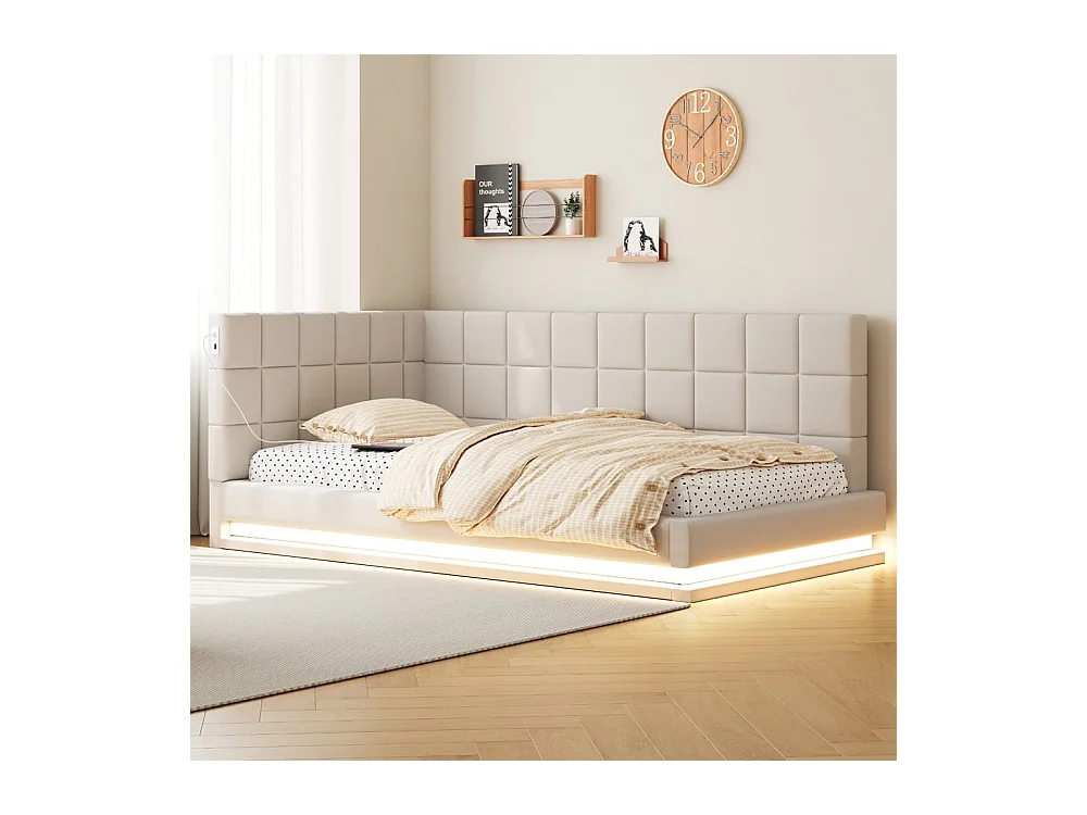 Slaapbank 90*200 cm, uitgerust met een LED-strip, een USB-aansluiting en een lattenbodem, van beige fluweel.