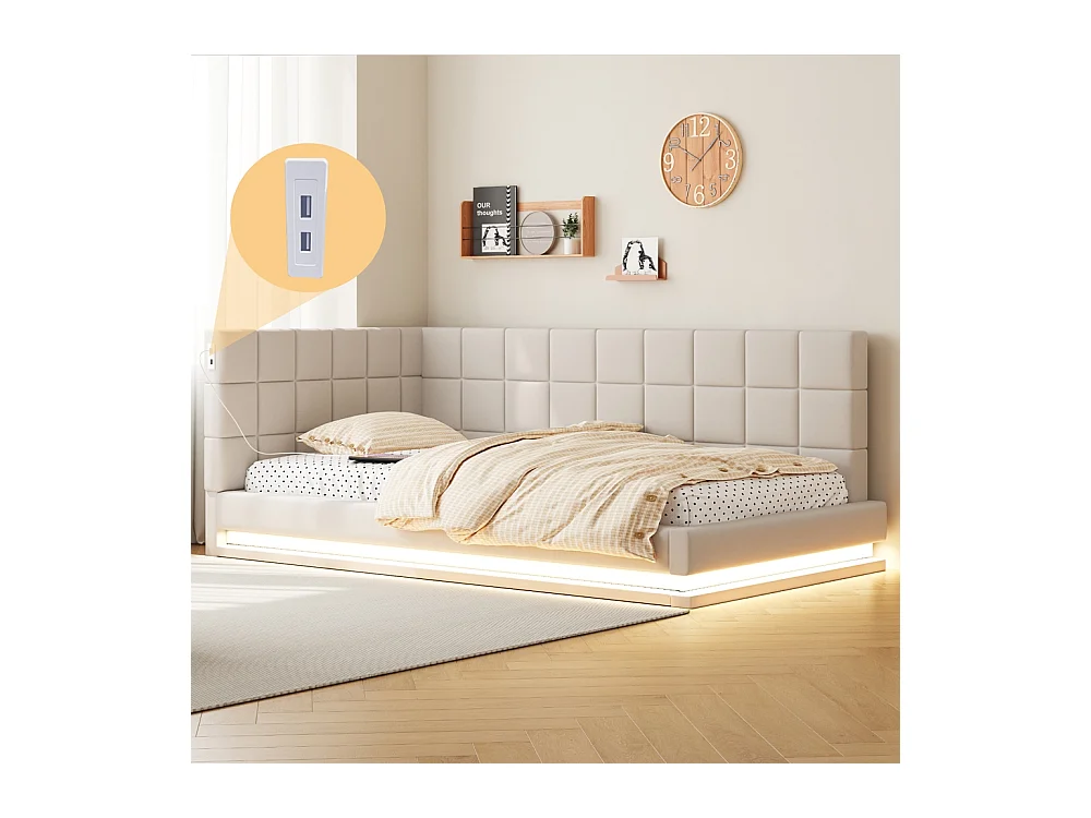 Slaapbank 90*200 cm, uitgerust met een LED-strip, een USB-aansluiting en een lattenbodem, van beige fluweel.