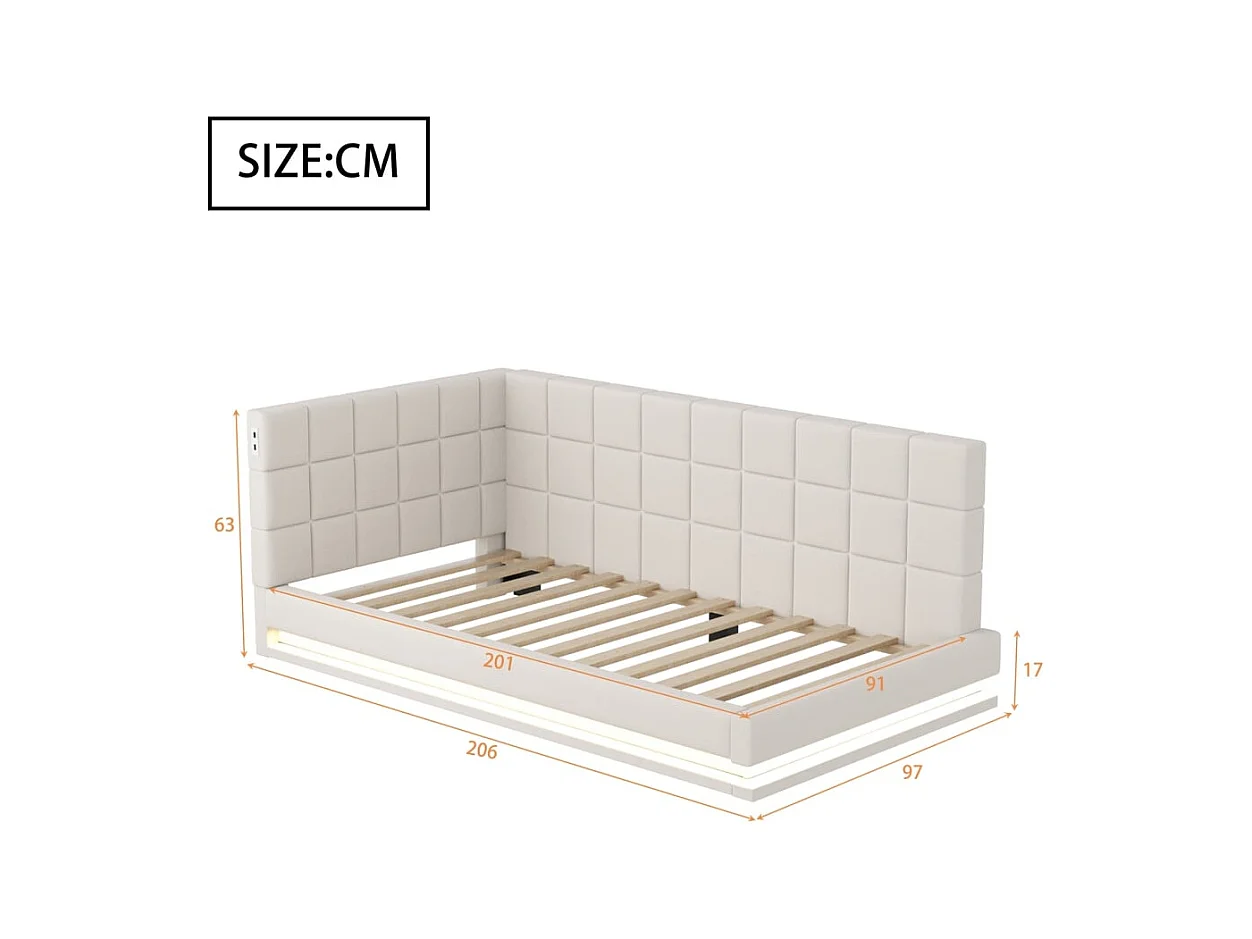 Slaapbank 90*200 cm, uitgerust met een LED-strip, een USB-aansluiting en een lattenbodem, van beige fluweel.