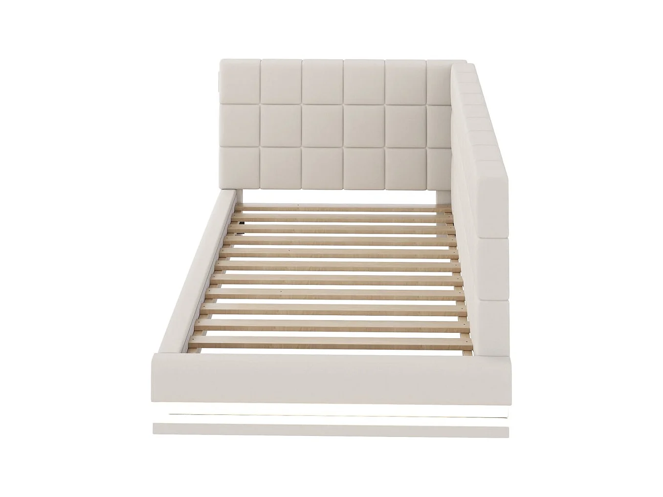 Slaapbank 90*200 cm, uitgerust met een LED-strip, een USB-aansluiting en een lattenbodem, van beige fluweel.