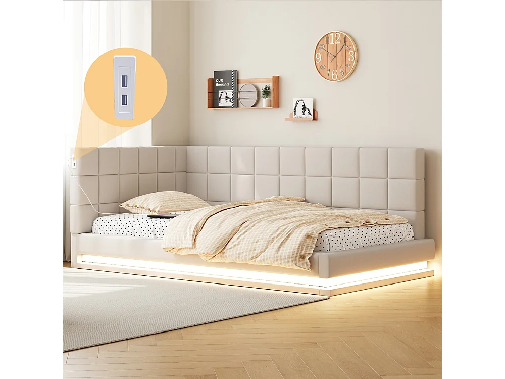 Canapé-lit 90*200 cm, équipé d'une bande LED, d'une prise USB et d'un sommier, en velours beige .