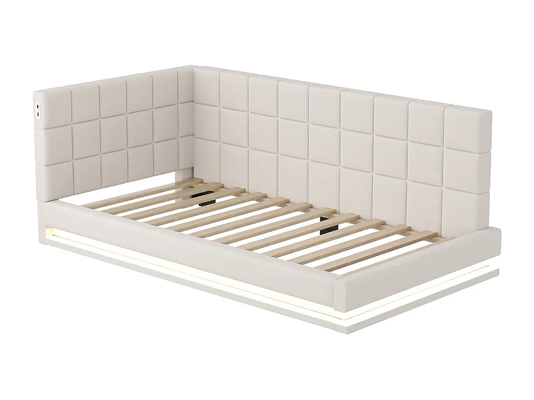 Canapé-lit 90*200 cm, équipé d'une bande LED, d'une prise USB et d'un sommier, en velours beige .