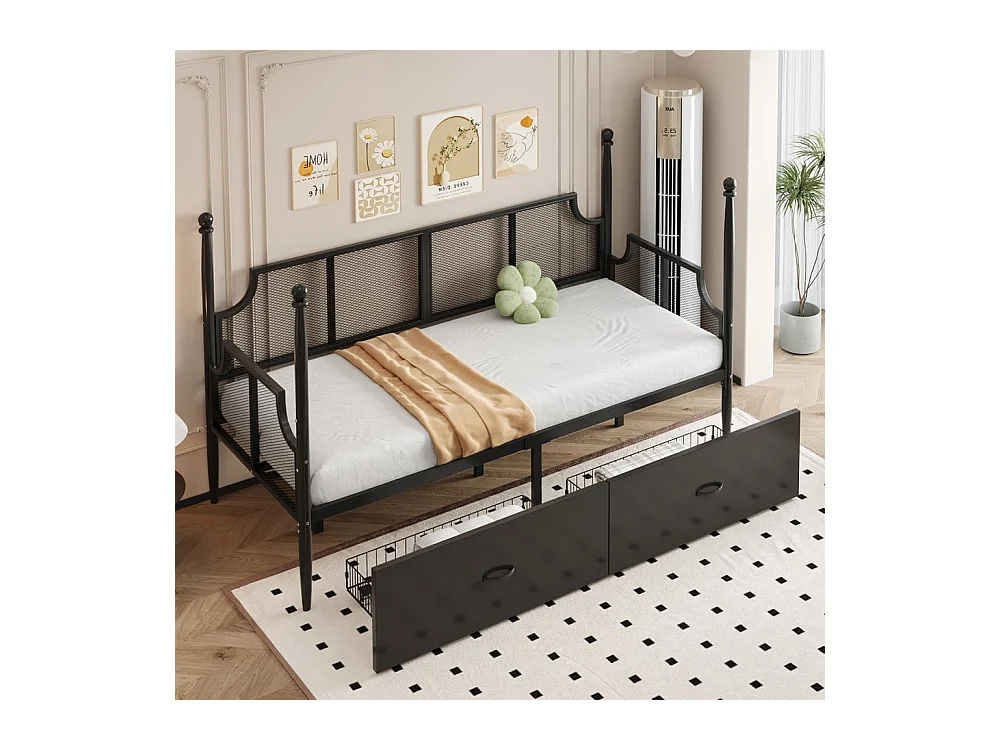 Canapé-lit 90 x 200 cm, dossier et accoudoirs en maille, structure métallique, noir