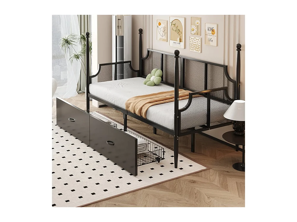 Canapé-lit 90 x 200 cm, dossier et accoudoirs en maille, structure métallique, noir