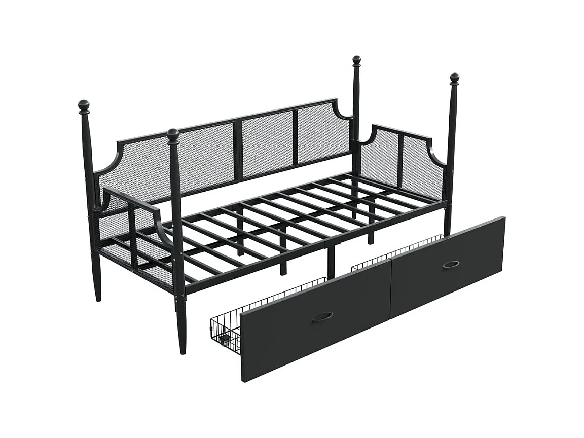 Canapé-lit 90 x 200 cm, dossier et accoudoirs en maille, structure métallique, noir