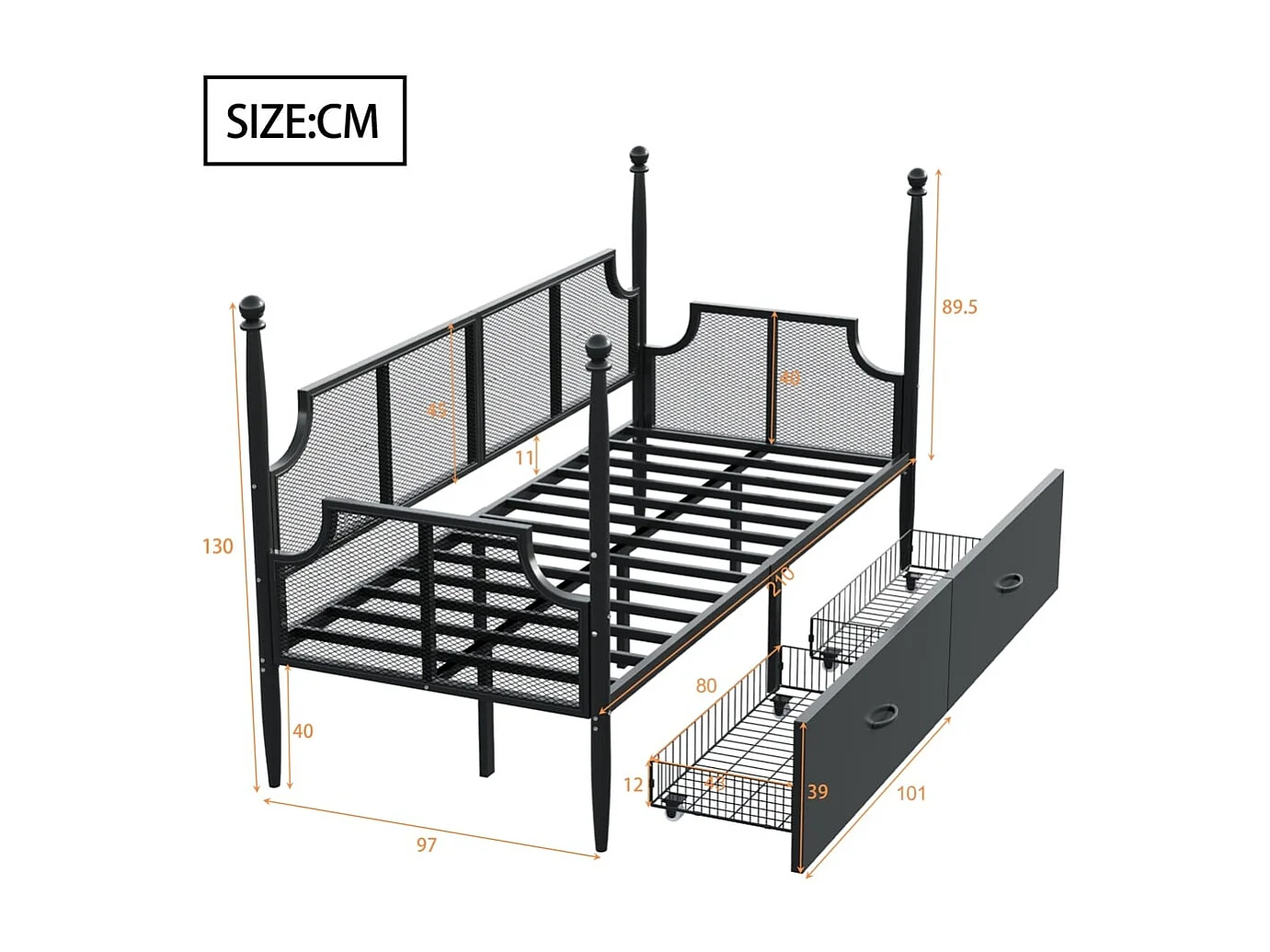 Canapé-lit 90 x 200 cm, dossier et accoudoirs en maille, structure métallique, noir