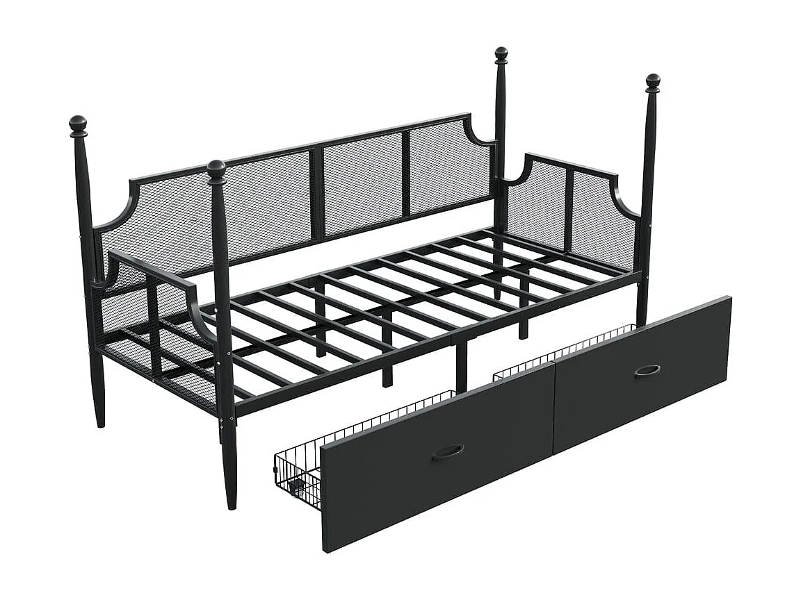 Canapé-lit 90 x 200 cm, dossier et accoudoirs en maille, structure métallique, noir