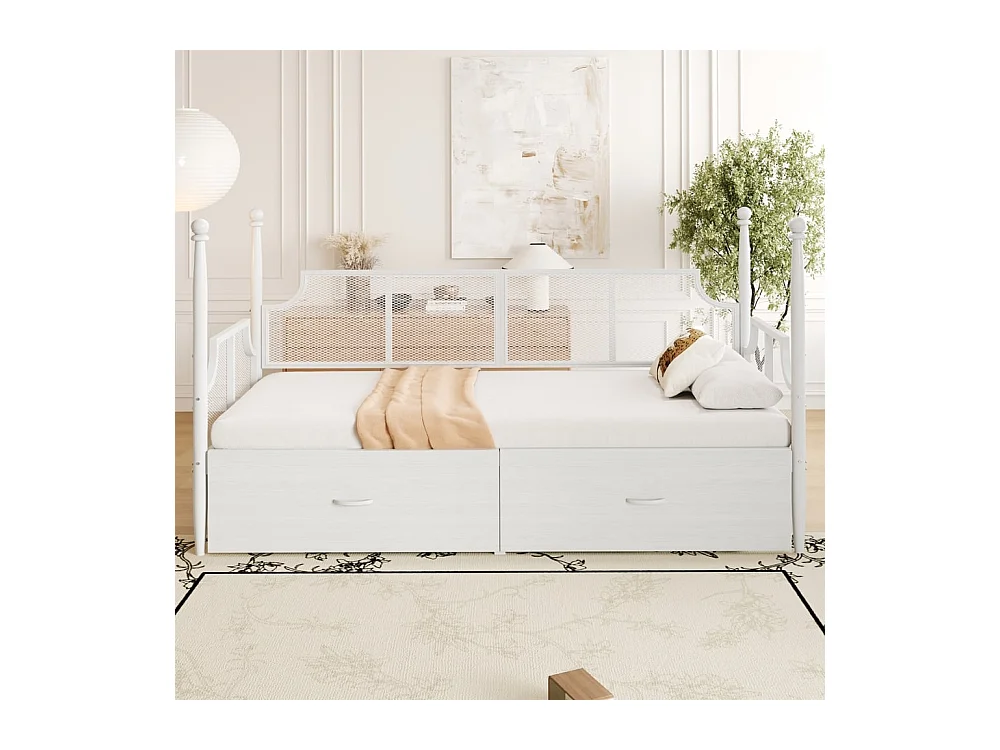 Canapé-lit 90 x 200 cm, dossier et accoudoirs en maille, structure métallique,blanc