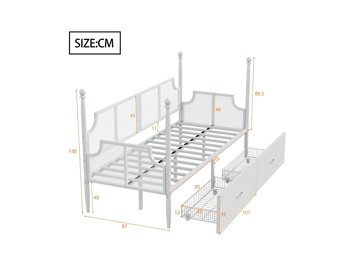 Canapé-lit 90 x 200 cm, dossier et accoudoirs en maille, structure métallique,blanc