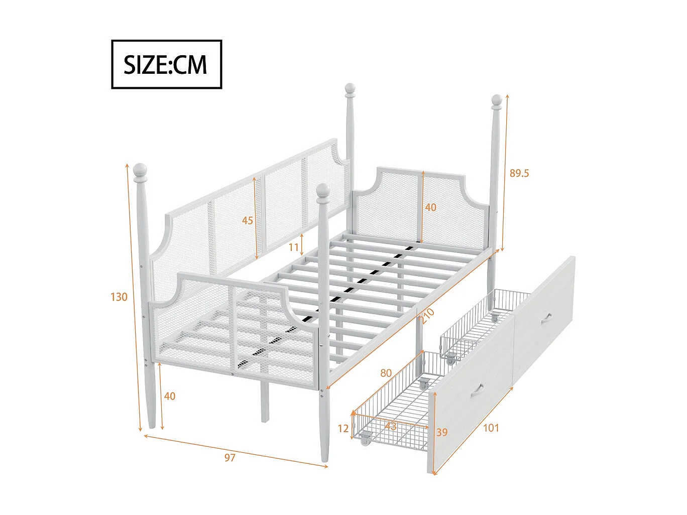 Slaapbank 90 x 200 cm, rugleuning en armleuningen van gaas, metalen frame, wit