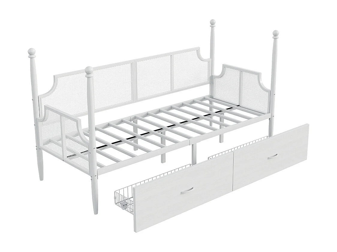 Slaapbank 90 x 200 cm, rugleuning en armleuningen van gaas, metalen frame, wit