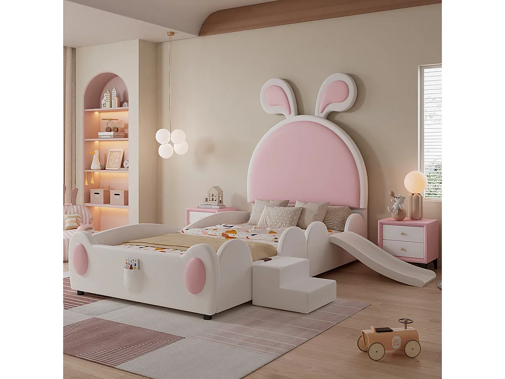 Letto per bambini 90 x 200 cm, con scala e scivolo, a forma di orecchie di coniglio, bianco + rosa