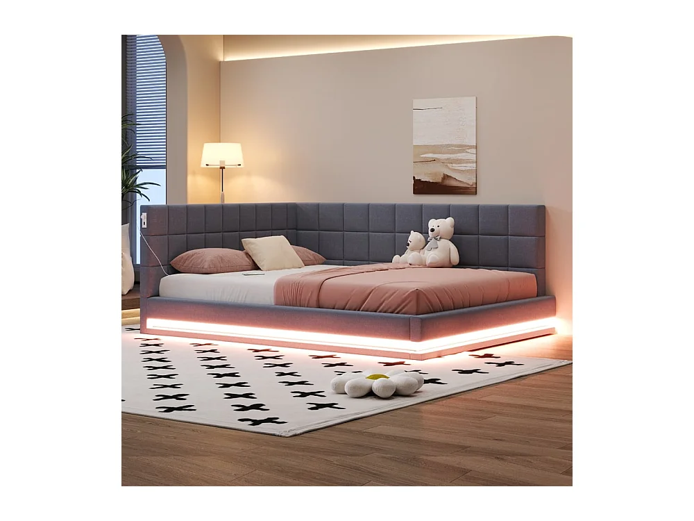 Slaapbank 160 x 200 cm, uitgerust met ledstrip, USB-aansluiting en lattenbodem, in grijs fluweel.