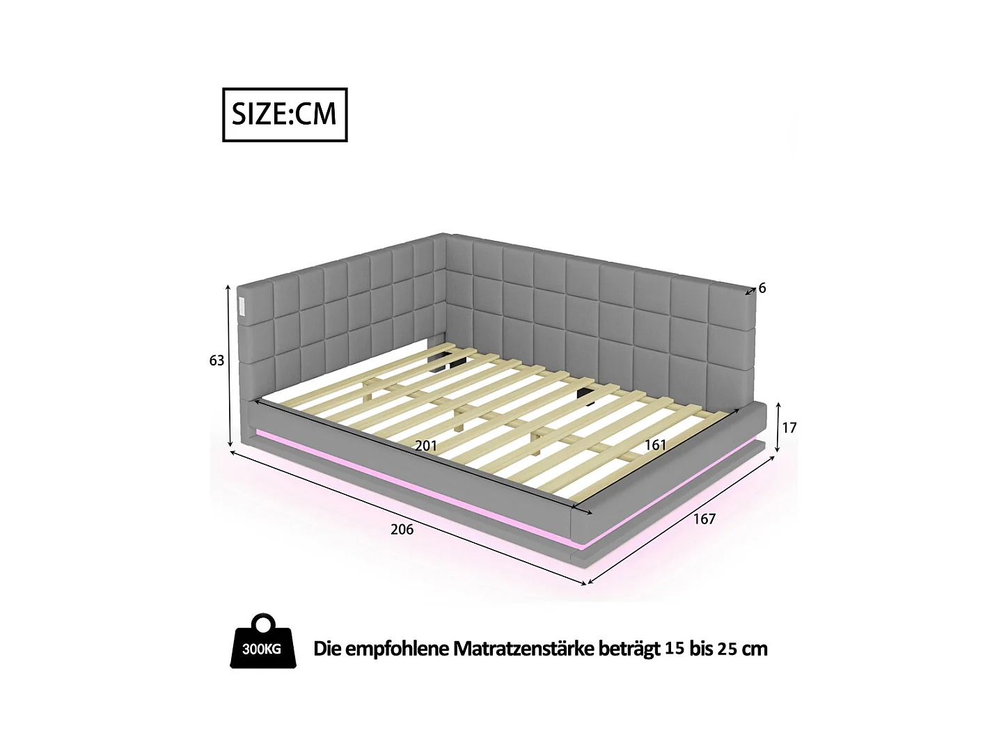 Slaapbank 160 x 200 cm, uitgerust met ledstrip, USB-aansluiting en lattenbodem, in grijs fluweel.