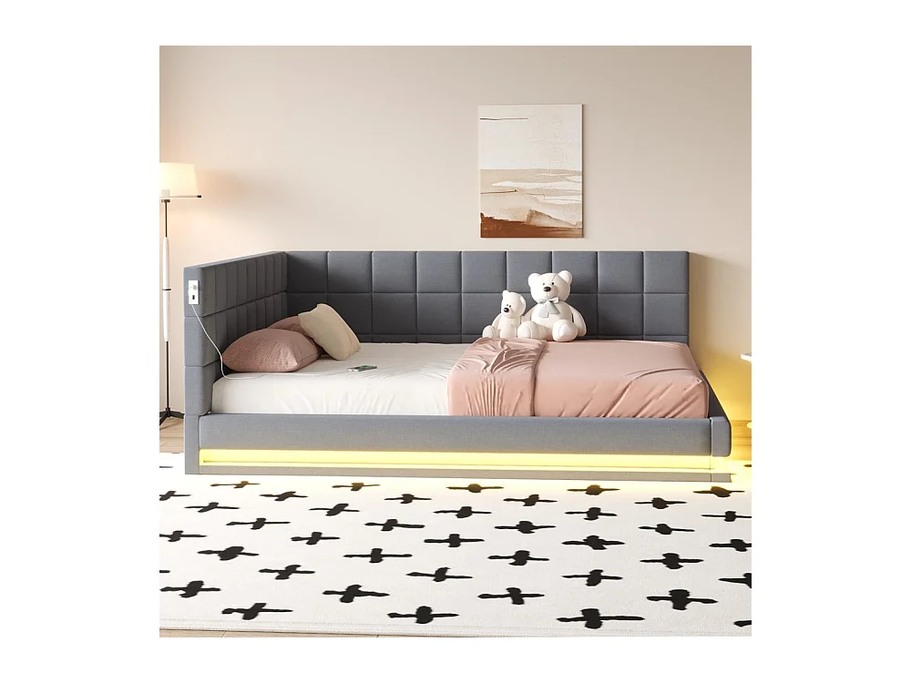 Schlafsofa 160 x 200 cm, ausgestattet mit LED-Streifen, USB-Anschluss und Lattenrost, aus grauem Samt.