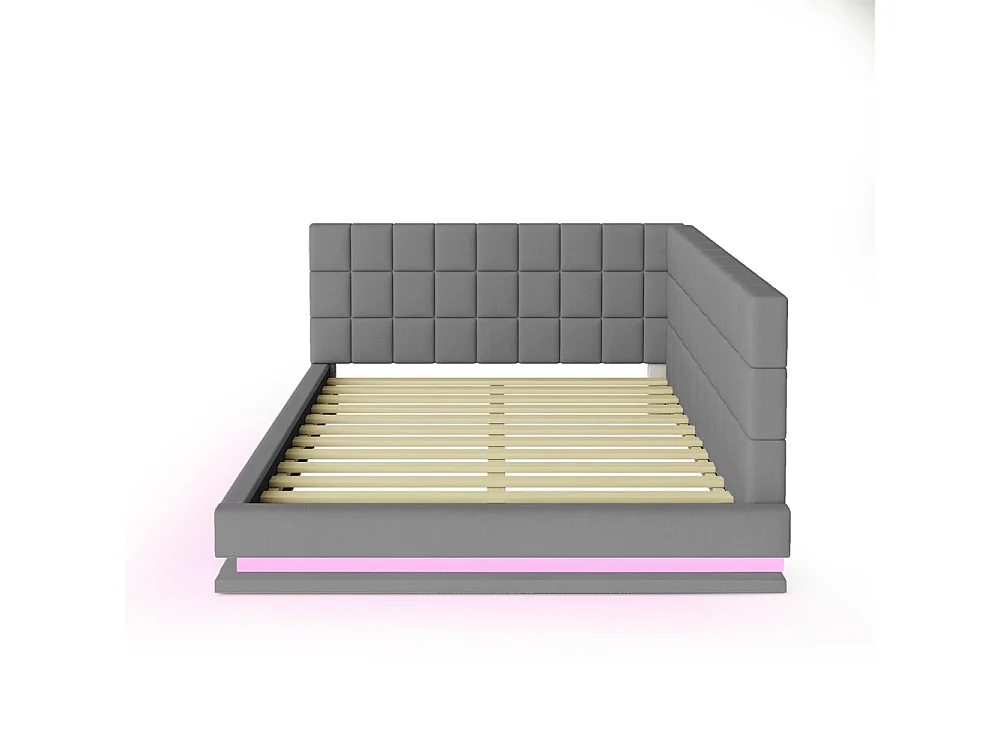 Schlafsofa 160 x 200 cm, ausgestattet mit LED-Streifen, USB-Anschluss und Lattenrost, aus grauem Samt.