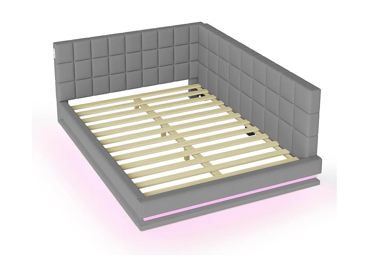 Schlafsofa 160 x 200 cm, ausgestattet mit LED-Streifen, USB-Anschluss und Lattenrost, aus grauem Samt.