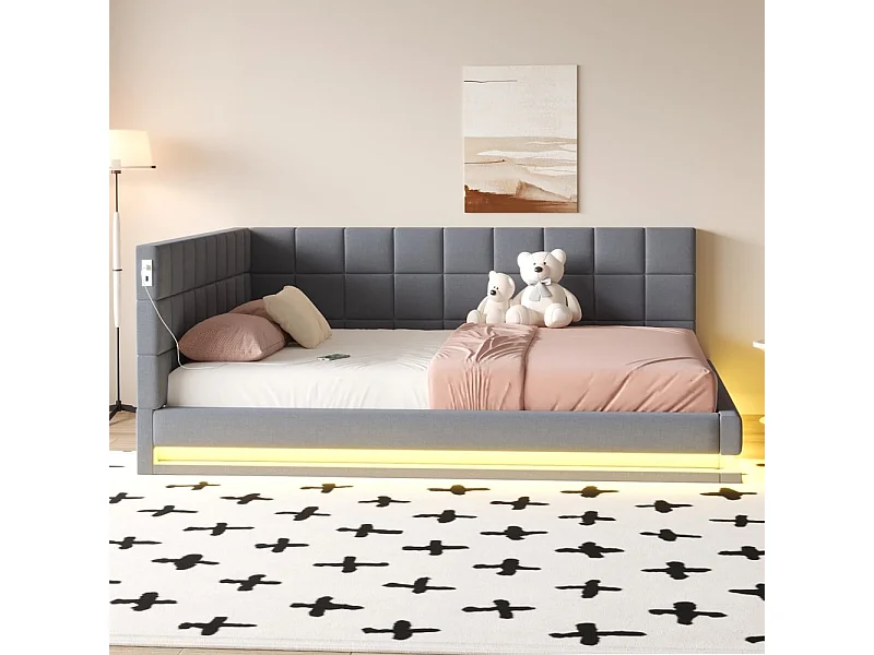 Schlafsofa 160 x 200 cm, ausgestattet mit LED-Streifen, USB-Anschluss und Lattenrost, aus grauem Samt.