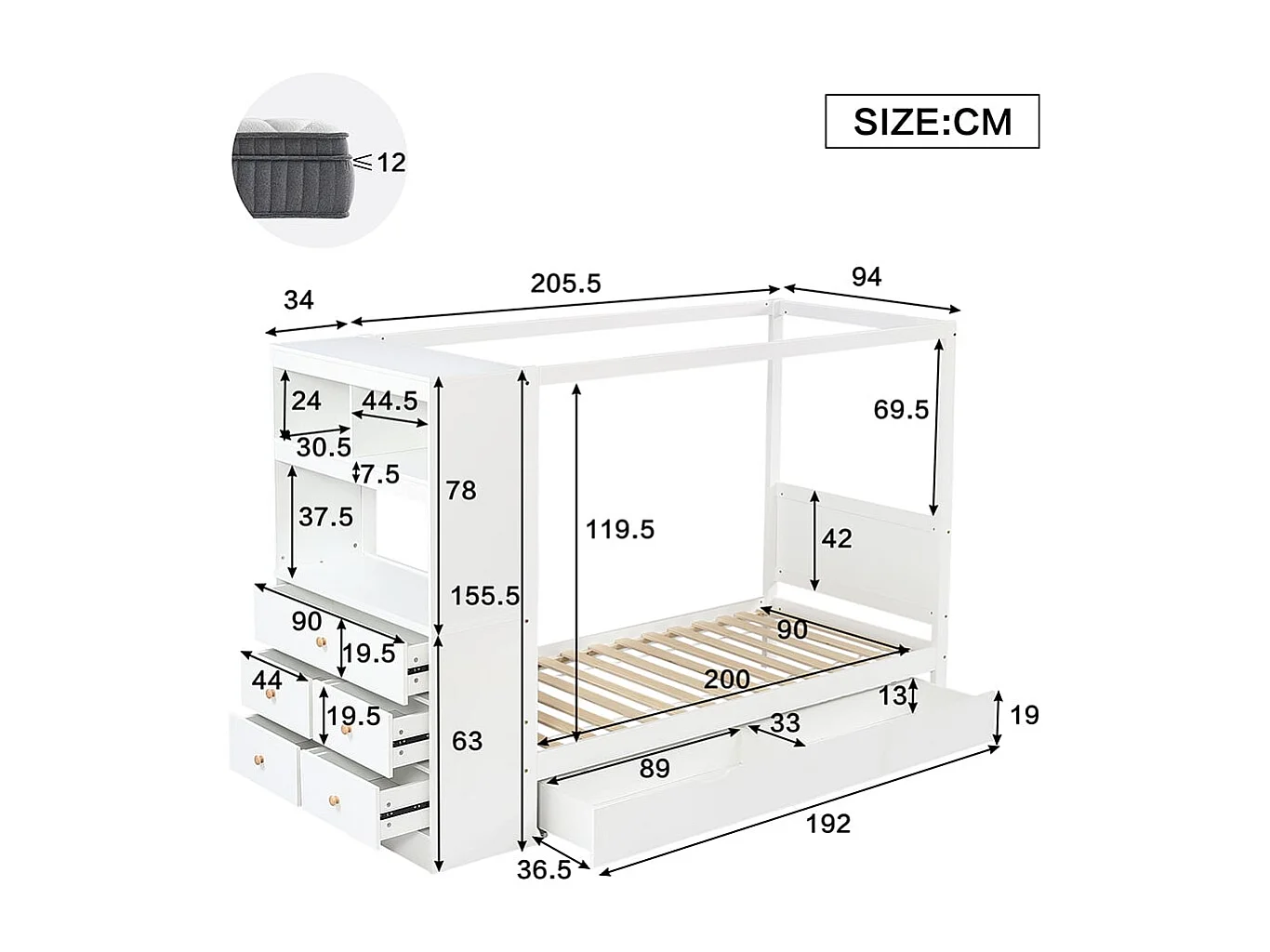 Letto per bambini 90 x 200 cm, con sponde di sicurezza, contenitore, cassetti, pino + PB, bianco + naturale