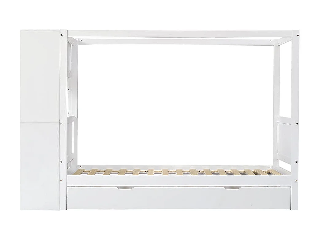 Letto per bambini 90 x 200 cm, con sponde di sicurezza, contenitore, cassetti, pino + PB, bianco + naturale