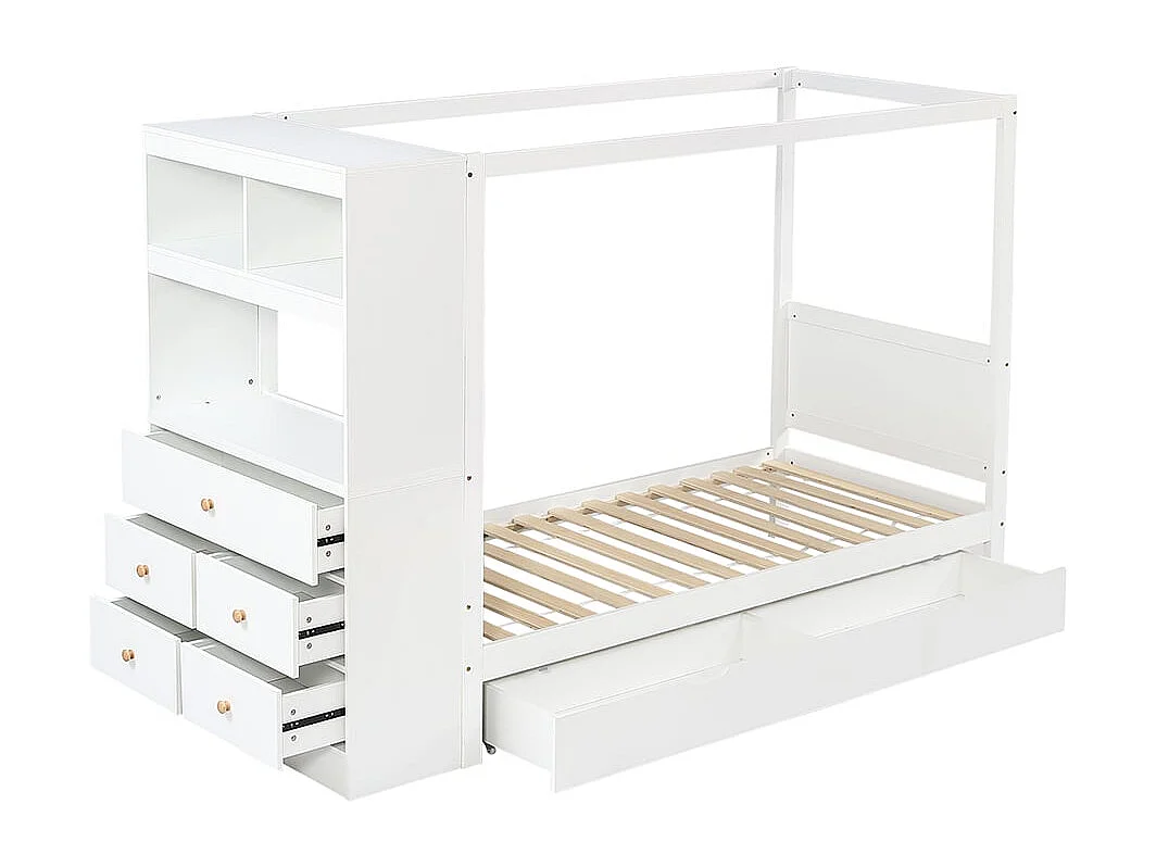 Letto per bambini 90 x 200 cm, con sponde di sicurezza, contenitore, cassetti, pino + PB, bianco + naturale