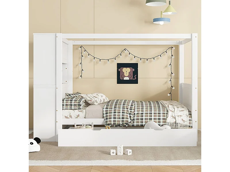 Letto per bambini 90 x 200 cm, con sponde di sicurezza, contenitore, cassetti, pino + PB, bianco + naturale