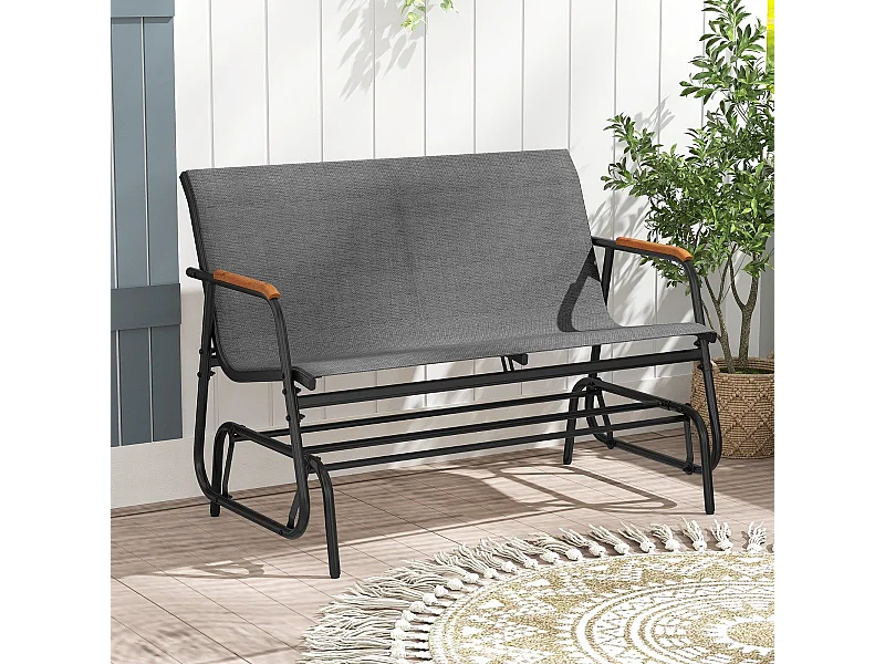 Panca a dondolo da esterno per 2 persone, Braccioli curvi in legno e seduta in tessuto traspirante Grigio