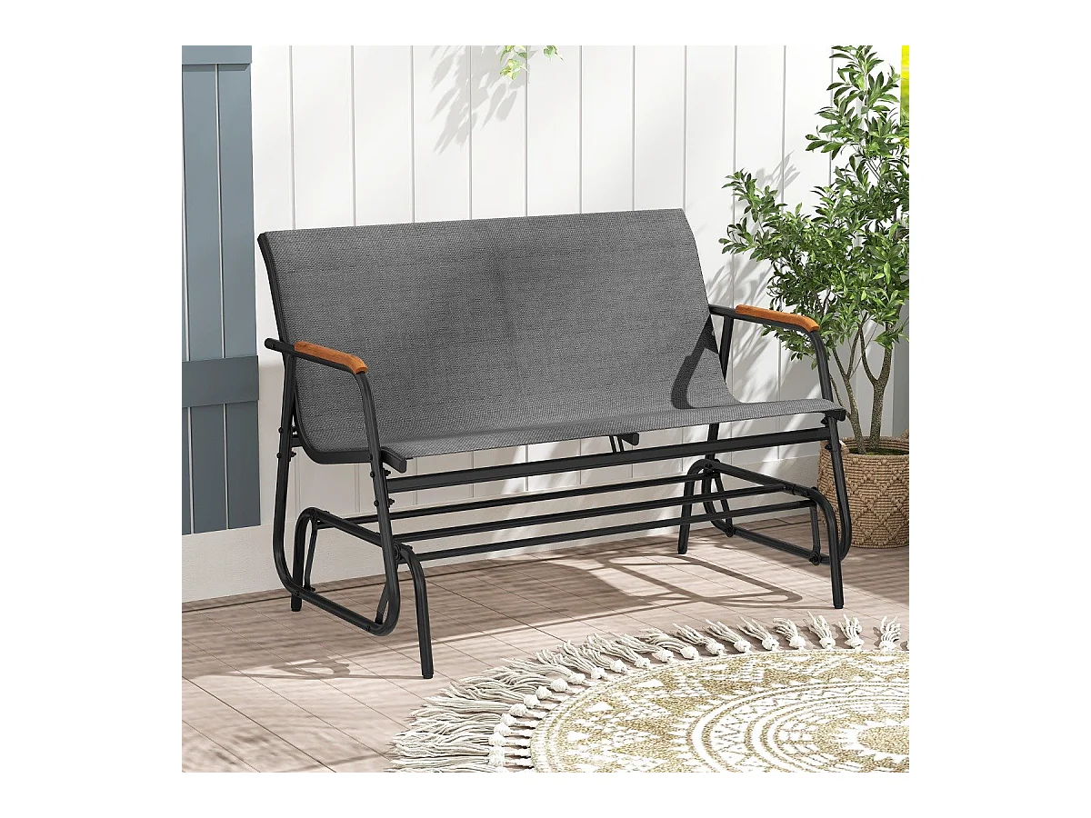 Panca a dondolo da esterno per 2 persone, Braccioli curvi in legno e seduta in tessuto traspirante Grigio