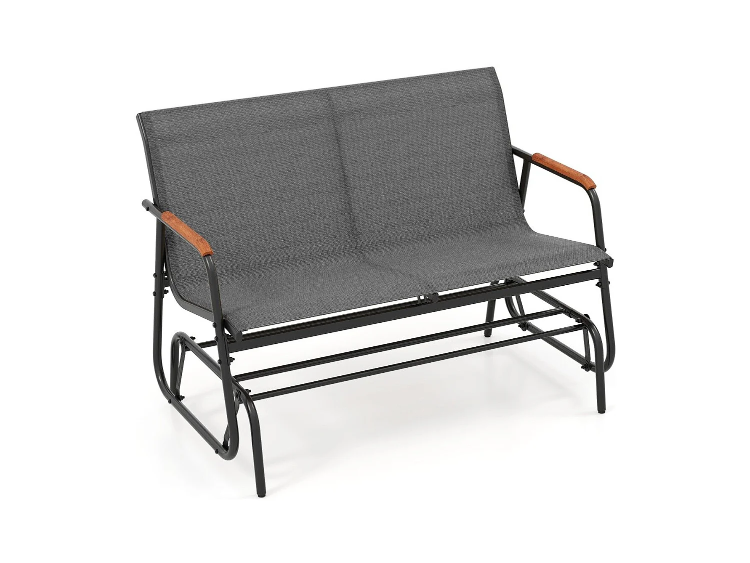 Panca a dondolo da esterno per 2 persone, Braccioli curvi in legno e seduta in tessuto traspirante Grigio